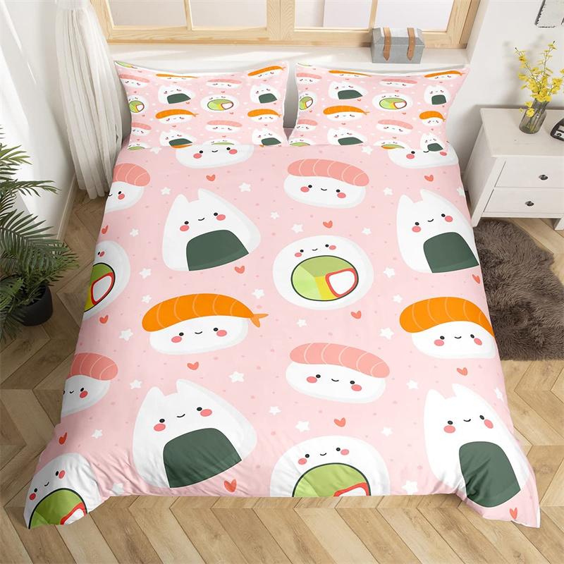Cartoon Sushi Food Duvet Cover Twin For Kids Teen Microfiber Japanese Cuisine Bedding Set Kawaii Cat Cherry Blossoms Quilt Cover
