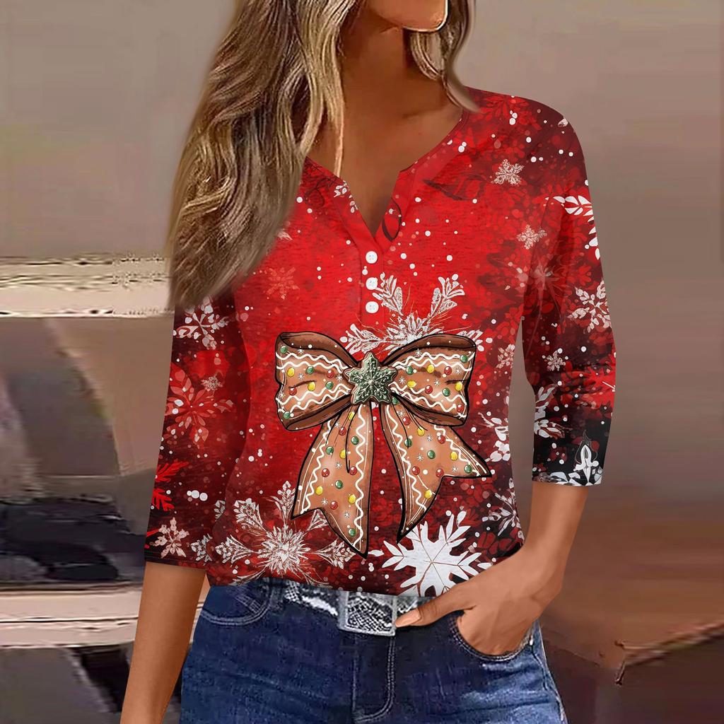 Женская рубашка с рукавом семь дюймов, напечатанная в стиле ретро, повседневная, свободная, с V-образным вырезом, рождественская