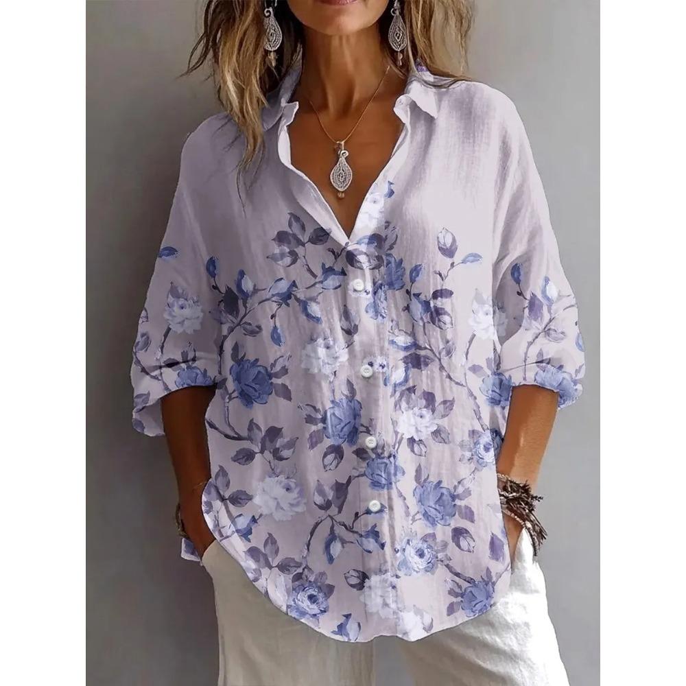 Женская Рубашка Модные Блузки Весна Осень Цветочный Графический Элегантный Винтажный С длинным рукавом Рубашечный воротник Обычный Повседневный Пуговицы Топы