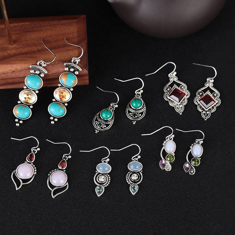Chic Engagement Wedding Dangle Hook Turquoise Multi-Gemstone Ear Stud Amethyst Moonstone Earrings