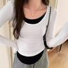 Длинный рукав Женская холодная базовая теплая рубашка Осенняя ложная футболка из двух частей Цветная блокирующая нижняя рубашка Женская тонкая круглая горловина Топы для улицы