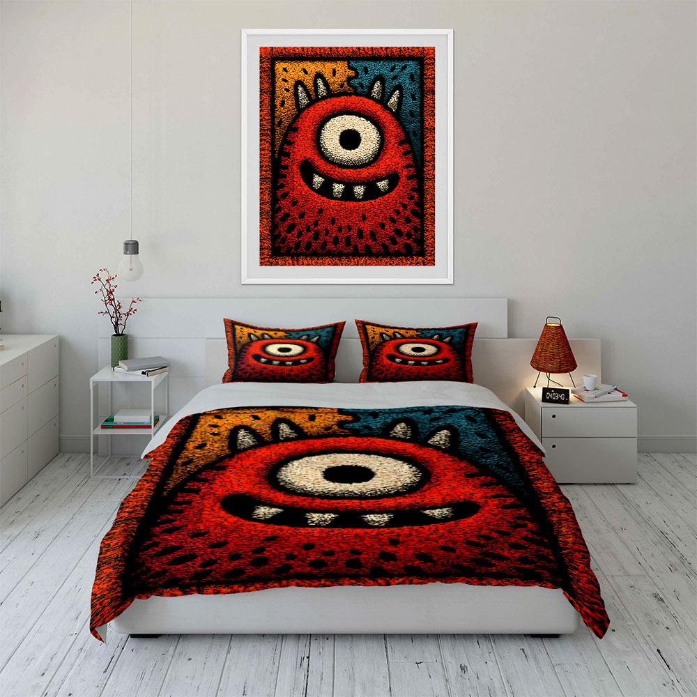 Cute Red Monster Cartoon Pattern Bedding Duvet Cover Set (1*Duvet Cover 2*Pillowcases, without duvet insert)
