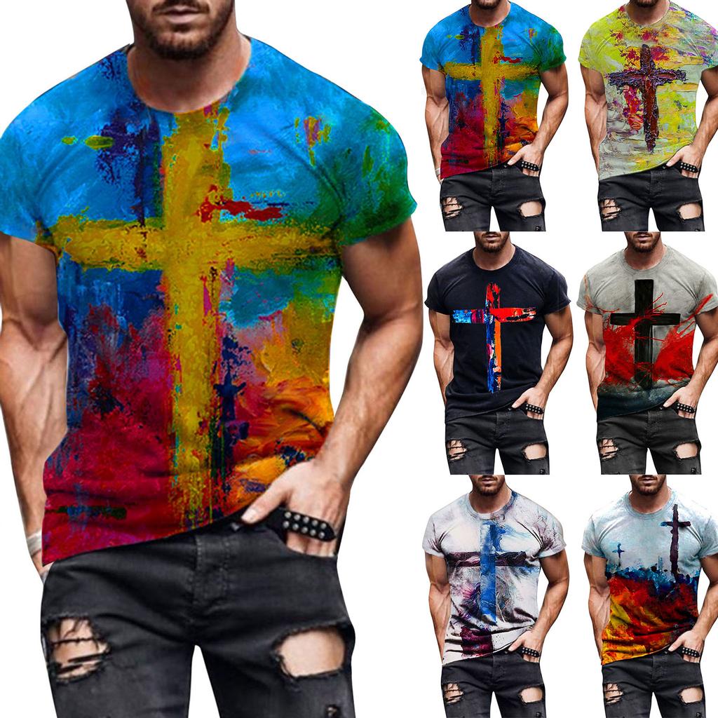 Men's Street Fashion Casual Cross Print Round Neck Short Sleeve