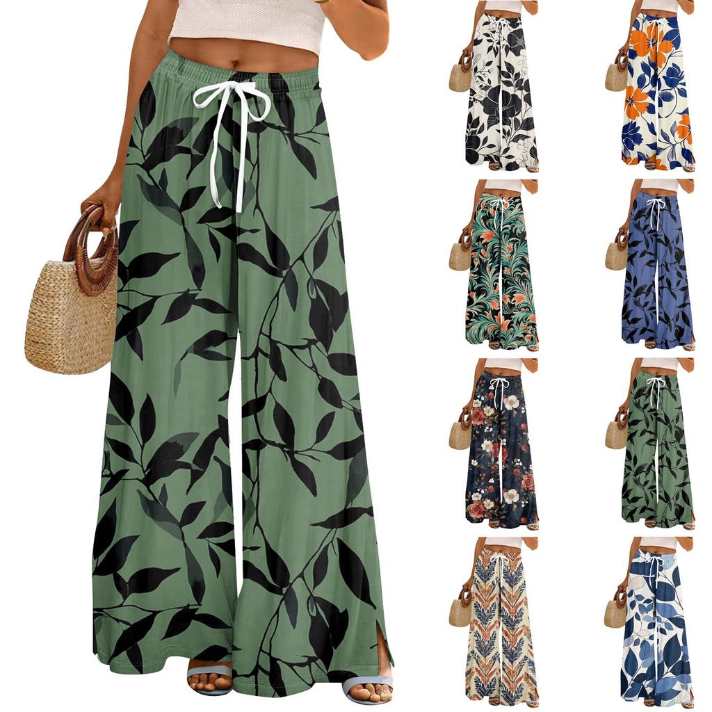 Women's Loose Casual Floral Print Wide Leg Pants With Elastic Waist Drawstring And Pocket Pants