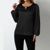 Women's  Long Sleeve Shirt Loose Satin Top Embossed Lace R-neck Silk Lined Top