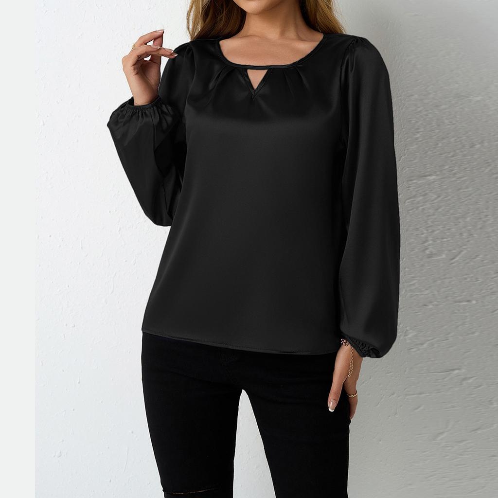 Women's Long Sleeve Shirt Loose Satin Top Embossed Lace R-neck Silk Lined Top