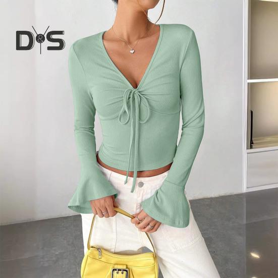 Женские топы с V-образным вырезом, расклешенные, с длинным рукавом, на шнуровке, пуловеры, облегающие, однотонные, повседневные топы, универсальная повседневная одежда