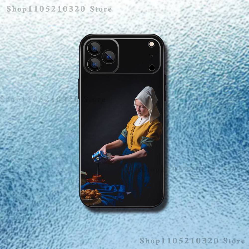 Арт Девушка В-Картина Вермеера Чехол для Телефона Для iPhone 17,16,15,14,13,12,Pro,Max,Plus,E,SE4,Air,Mini Черный Мягкий Бокс