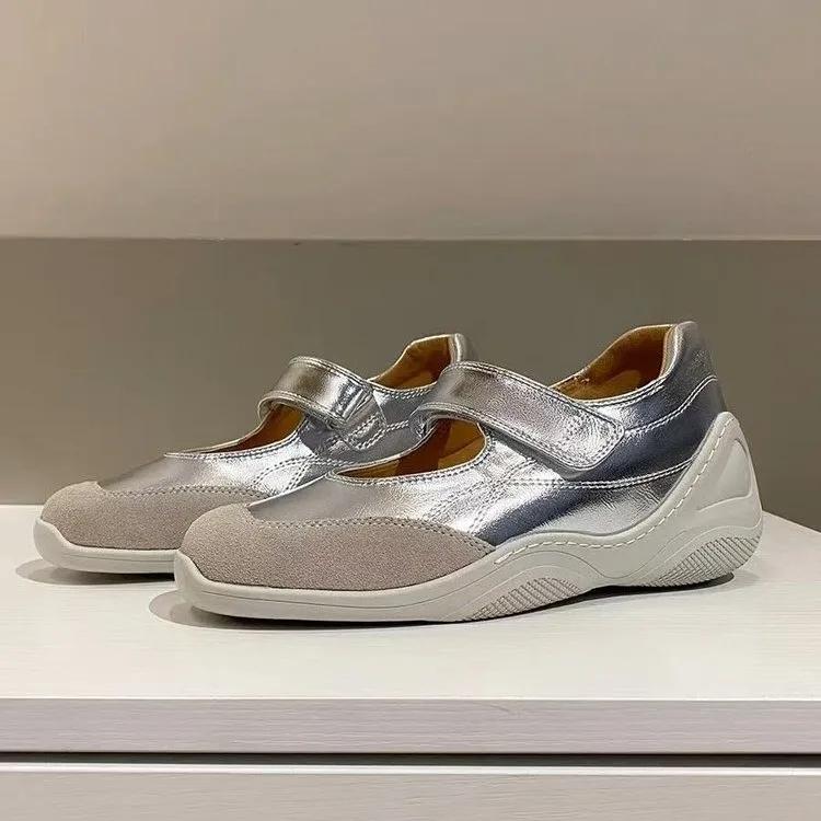 Модные неглубокие плоские спортивные балетки Мэри женские винтажные французские спортивные серебристые туфли Мэри Джейн