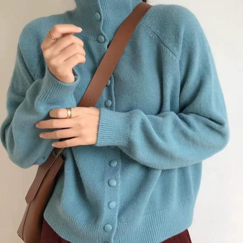 Autumn Winter Turtleneck Knitted Cardigan Women's Sweater Fashion Elegant Loose Long Sleeve Jackets New Retro Korean Style Office Casual Simple Coats