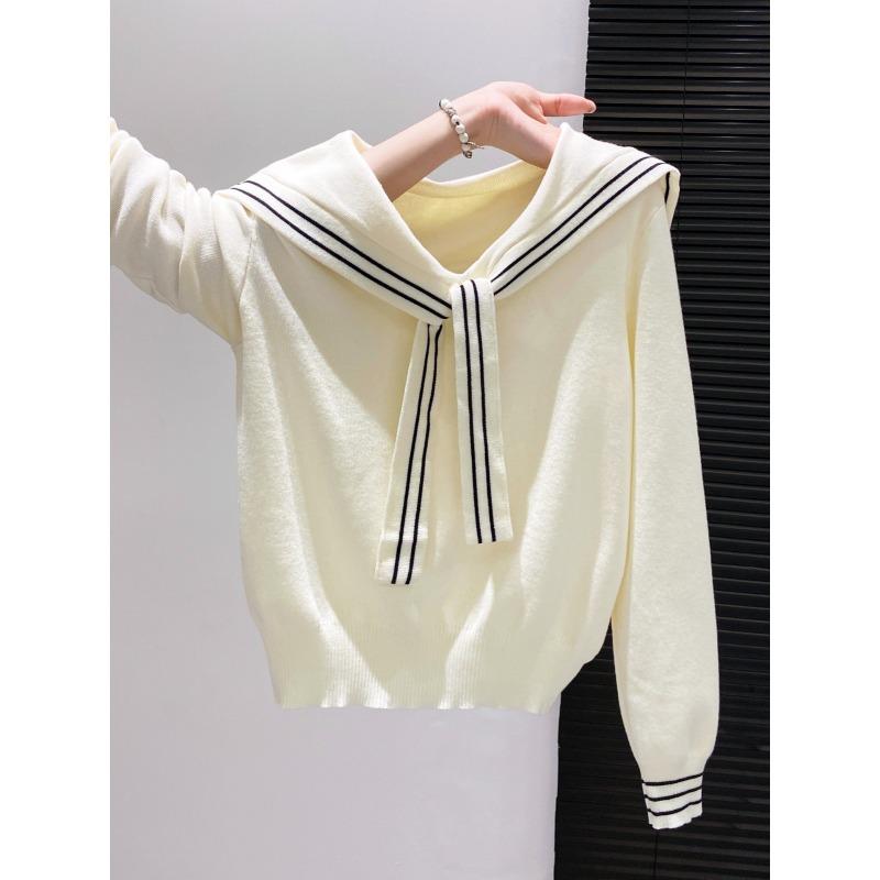 Темпераментный мягкий восковой вязаный свитер нишевый свитер с длинным рукавом женский осенний новый колледж стиль темно-синий воротник шаль ремешок топ