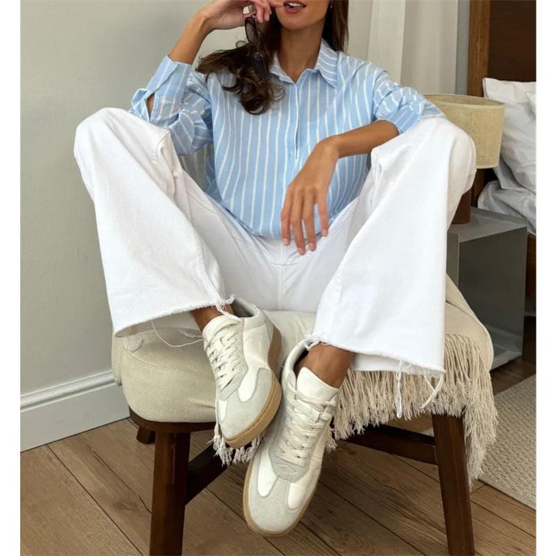 Women Striped Linen Button‑Down Shirt Loose Long Sleeve Casual Oversized Blouse For Daily Wear