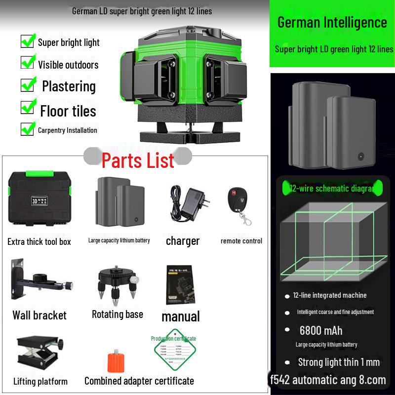 Высокоточный 16-линейный лазерный уровень с 12 зелеными световыми линиями для автоматического выравнивания пола и стен