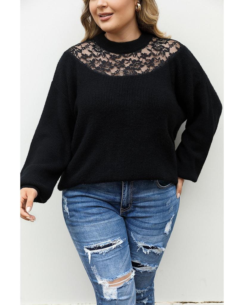 Azura Exchange Black Plus Size Ribbed Knit Lace Splicing High Neck Sweater