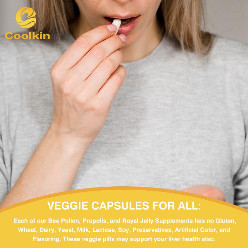 Premium bee pollen capsules, natural bee pollen supplement, containing royal jelly, bee pollen and propolis, suitable for adults.