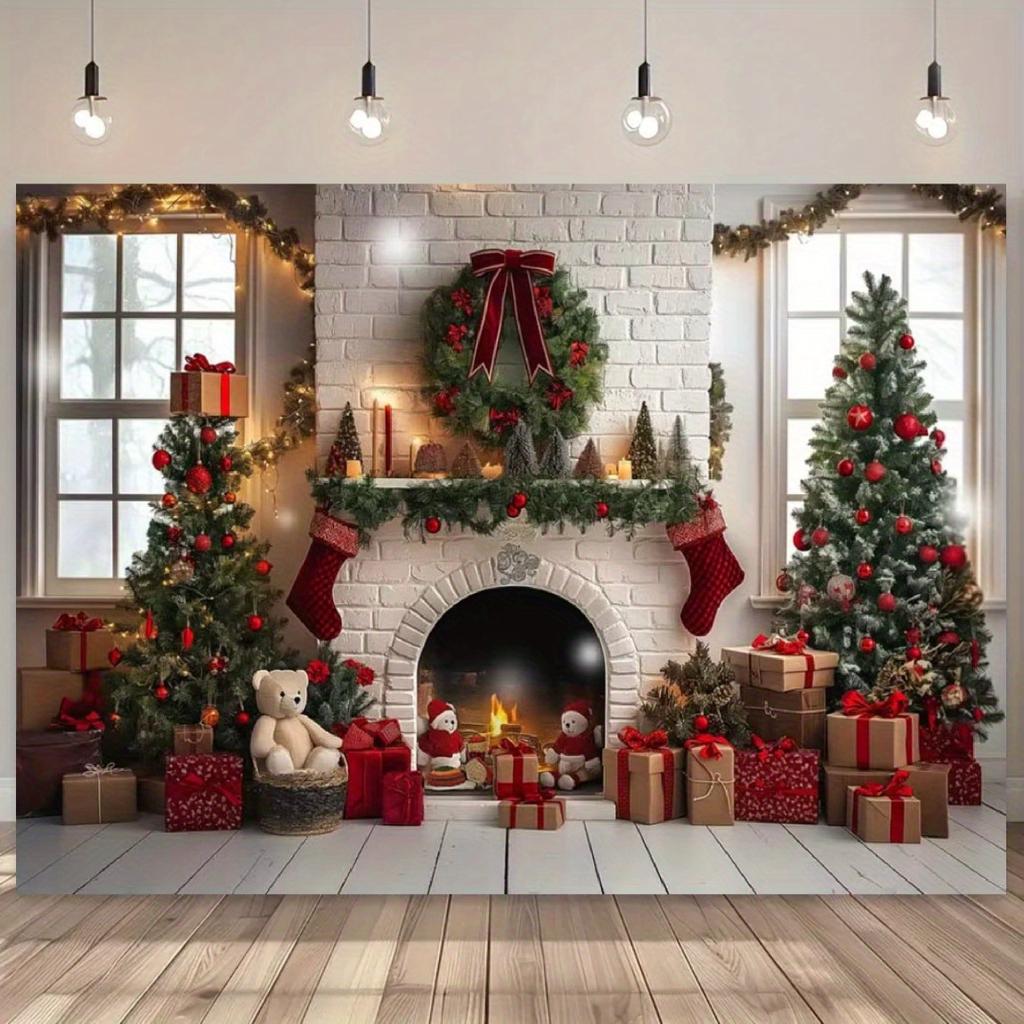 Christmas white fireplace background fabric, polyester, suitable for Christmas decoration and festive event decoration