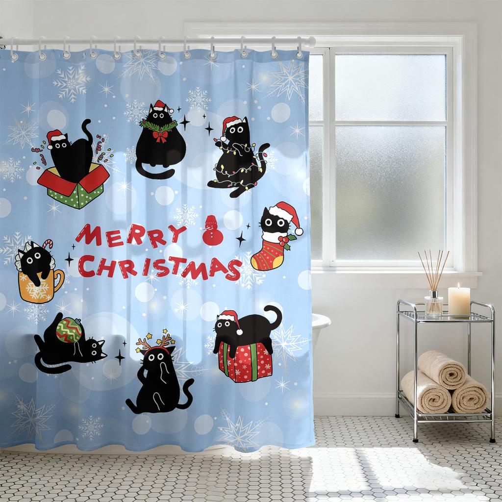 1 Christmas Black Cat Print Waterproof Shower Partition Privacy Hanging Curtain 12 Hooks Multi Size Decoration Machine Washable