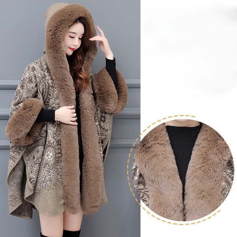 Женское роскошное пальто из искусственного меха с капюшоном, осень-зима, мягкая теплая шаль, воротник из искусственной шерсти, жаккардовые пончо