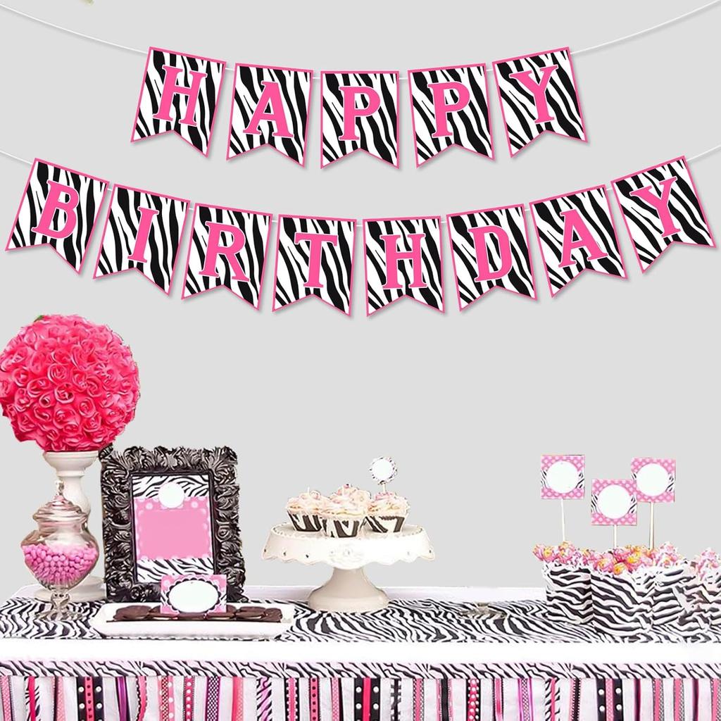 Zebra Birthday Decorations Pink Pre-Strung Zebra Happy Birthday Banner Wildlife Zebra Print Party Supplies for Safari Jungle Theme Bday Party