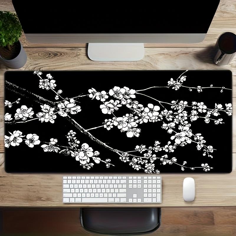 pc Large Floral Mouse Pad NonSlip Rubber Base Durable Stitched Edges Black with White Cherry Blossom Design