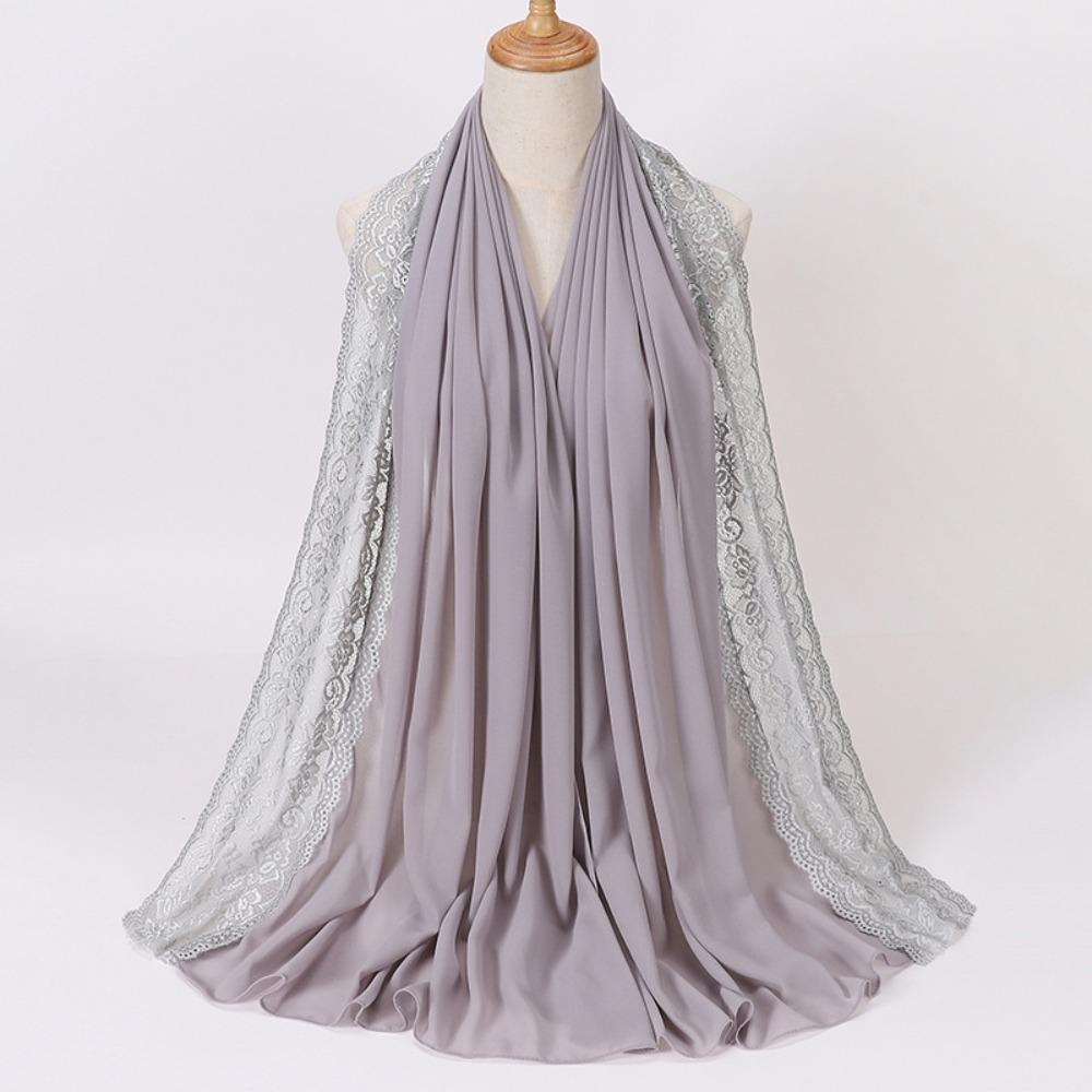 Solid Color Silk Scarf Lace Edge Ramadan Headscarf Versatile Headwraps Women Headwear