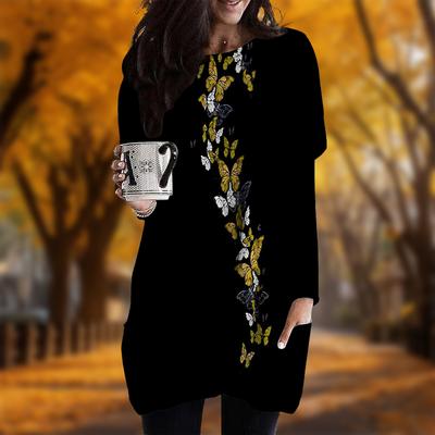 Новинка осени, художественное платье с принтом бабочек и животных, больших размеров, женское, с круглым вырезом, длинными рукавами, повседневные платья с карманами