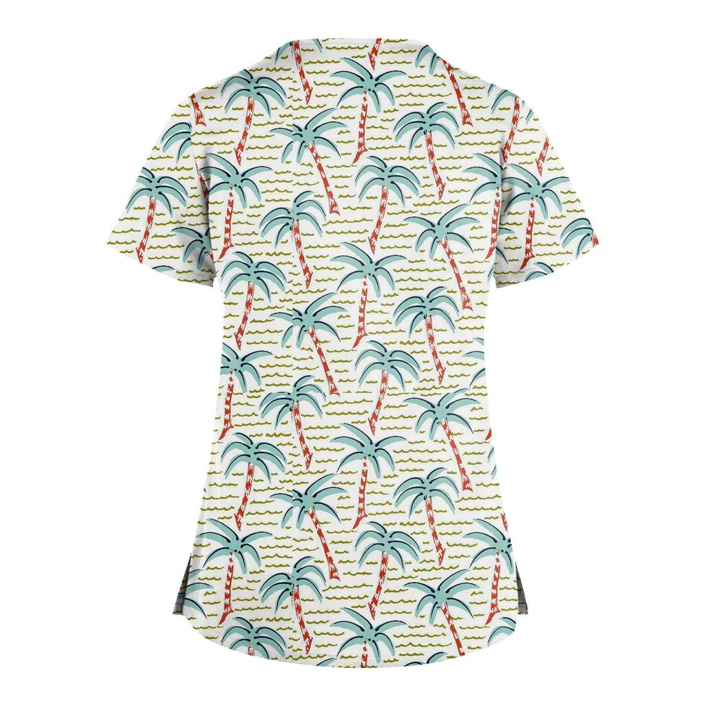 Плюс размер, милая рабочая форма с принтом, топы для женщин, забавные футболки с перекрестным v-образным вырезом и короткими рукавами, рабочая одежда, футболка с карманами