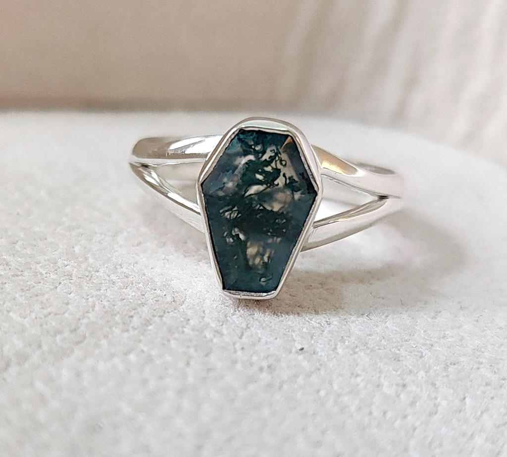 Tiny Coffin Ring, Moss Agate Ring for Women, 925 Solid Silver, Gemstone Handmade Jewelry, Boho Ring, Gift for Her, Minimalist Ring