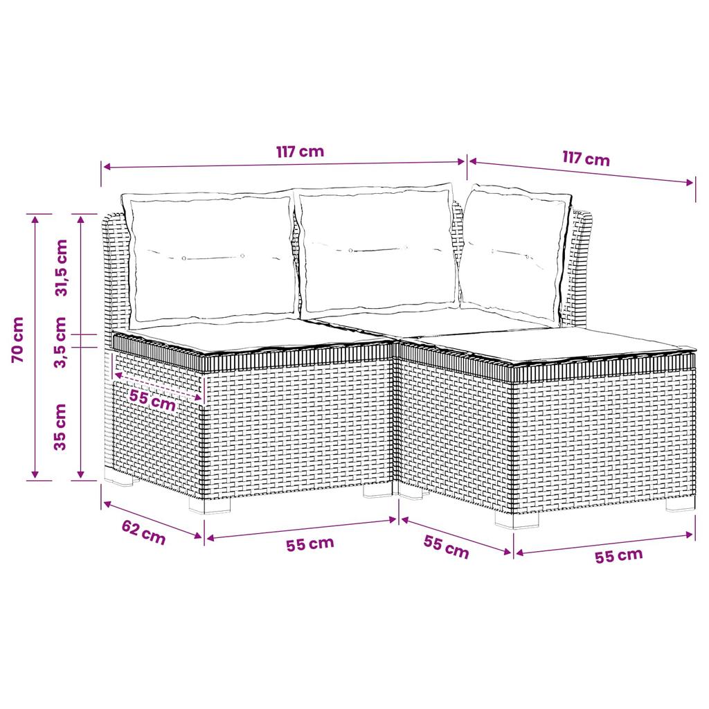 3 Seater Garden Sofa with Cushions Rattan Look PP Anthracite