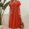 Women's Long Skirt New Solid Color Round Neck Pocket Short Sleeved Cotton Linen Dress