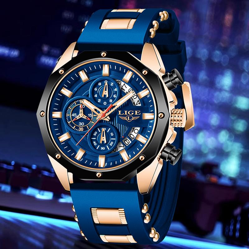 LIGE New Fashion Men's Watches Waterproof Luminous Men's Clock Silicone Tape Calendar Luxury Watches for Men Relogios Masculino