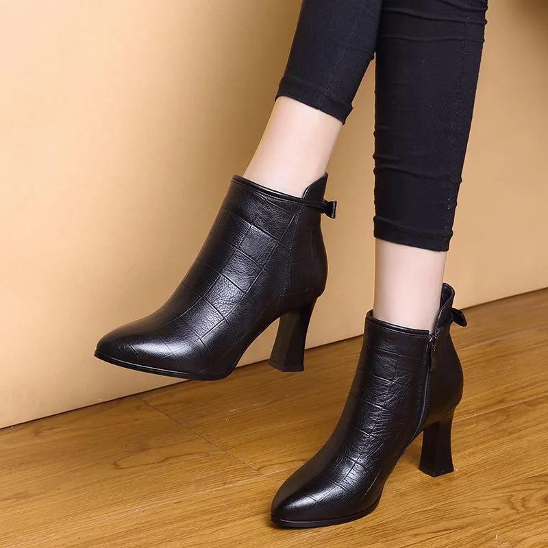 Fashion Pointed Toe Boots Women's Thick High Heels New Autumn Winter Single Botas Fashion Women's Short Boot Black Casual Botines Mujer