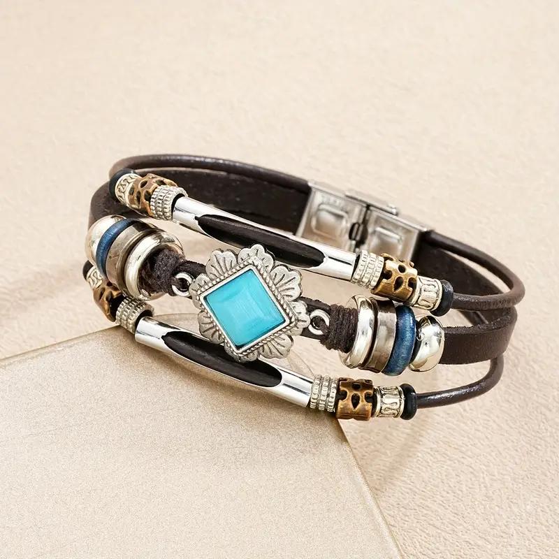 17KM Комплект из 4 мужских браслетов в богемном стиле из бирюзы и искусственной кожи - подойдет для повседневного ношения или в качестве подарка друзьям