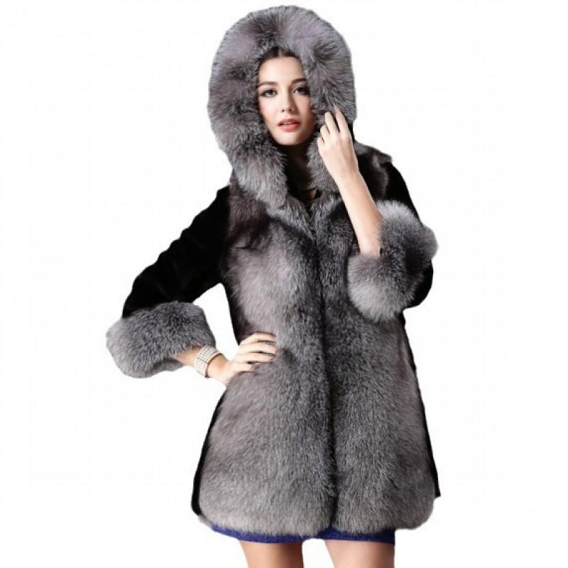 Womens Faux Fur Hooded Coat Mid-Length Winter Streetwear
