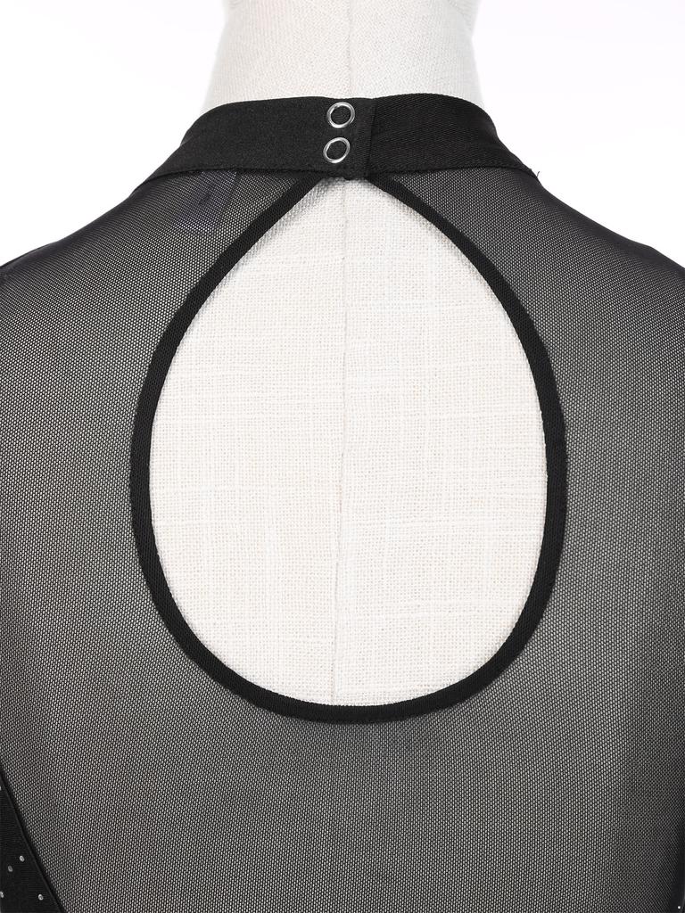 Женские танцевальные платья для фигурного катания со стразами, прозрачное сетчатое лоскутное платье-трико с длинными рукавами