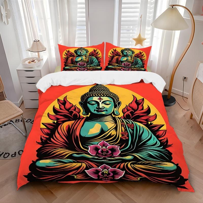 3pcs Buddha Lotus Bedding Set, Includes 1 Comforter + 2 Pillowcases, Without Pillow Inserts, Soft Comfortable, Lightweight Breathable, Print