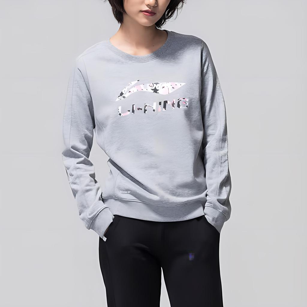 Li Ning Training Series Logo Letter Print Round Neck Long Sleeve Sweatshirt Women Sweatshirt Floral-Gray AWDM066-1