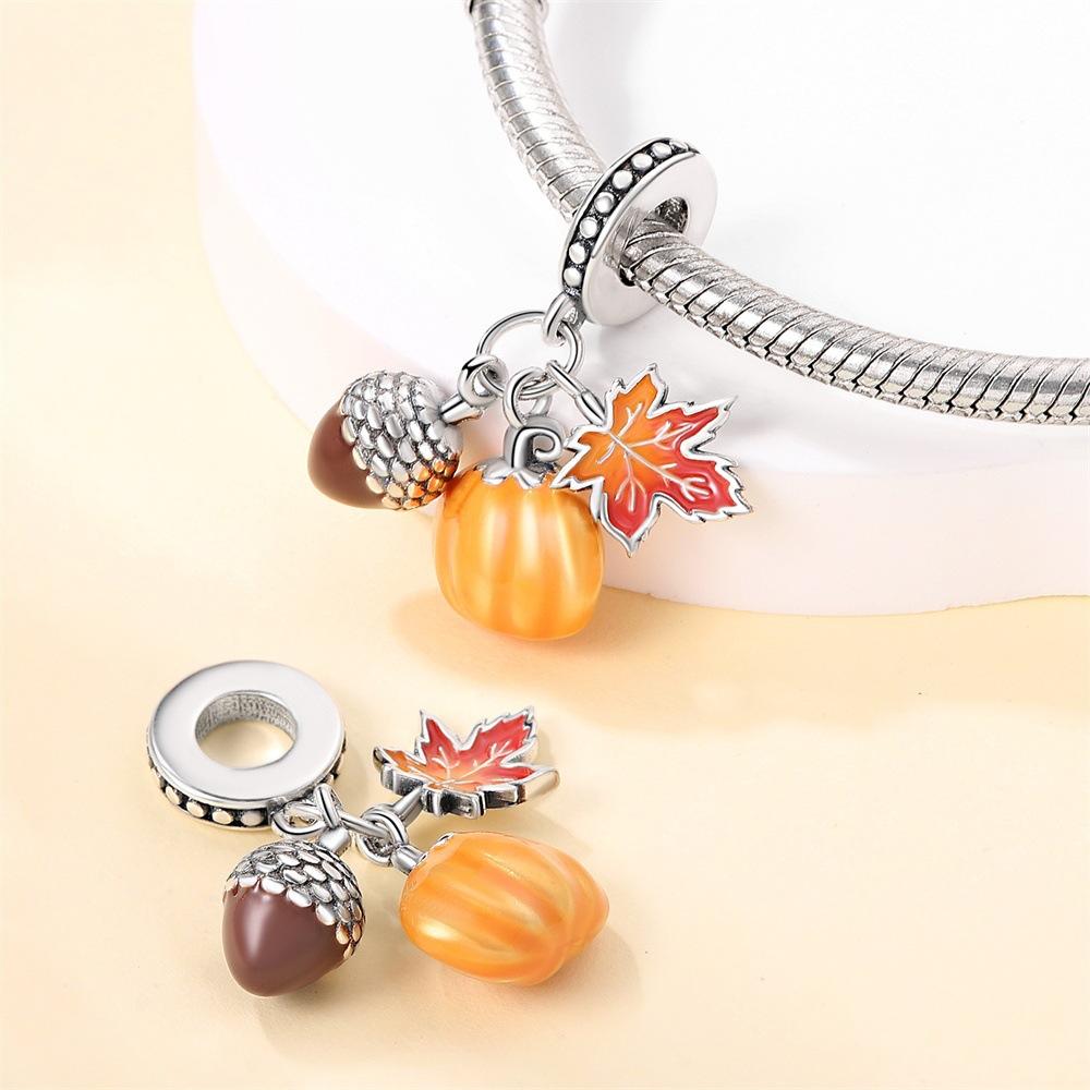 S925 Silver Autumn Maple Leaf Owl Squirrel Beaded Bracelet DIY Charm Pendant Jewelry Making Accessories