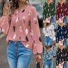 Autumn Winter Women's V-neck Feather Print Long-sleeved Loose T-shirt for Women