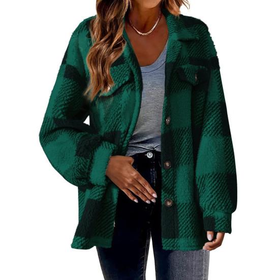 Fall Winter Women Jacket with Fake Pockets Contrast Color Plaid Print Plus Size
