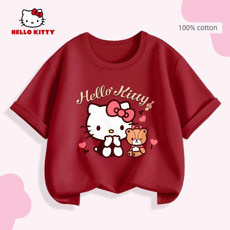 Hello Kitty Girls' White T-Shirt Children's Short-Sleeved Summer Wear Pure Cotton Simple Solid Color Top Breathable and Sweat-Absorbent Trendy