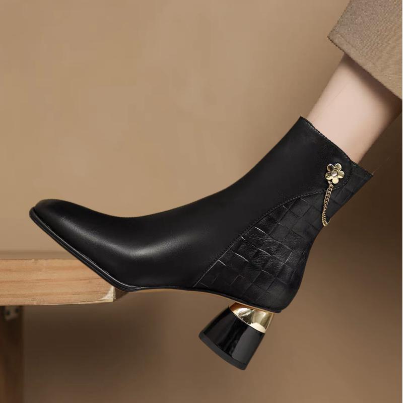 Ankle Boots Women High Heels Dress Shoes Back Chain Booties New Embossing Designer Shoes Gold Heels Winter Botas Mujer