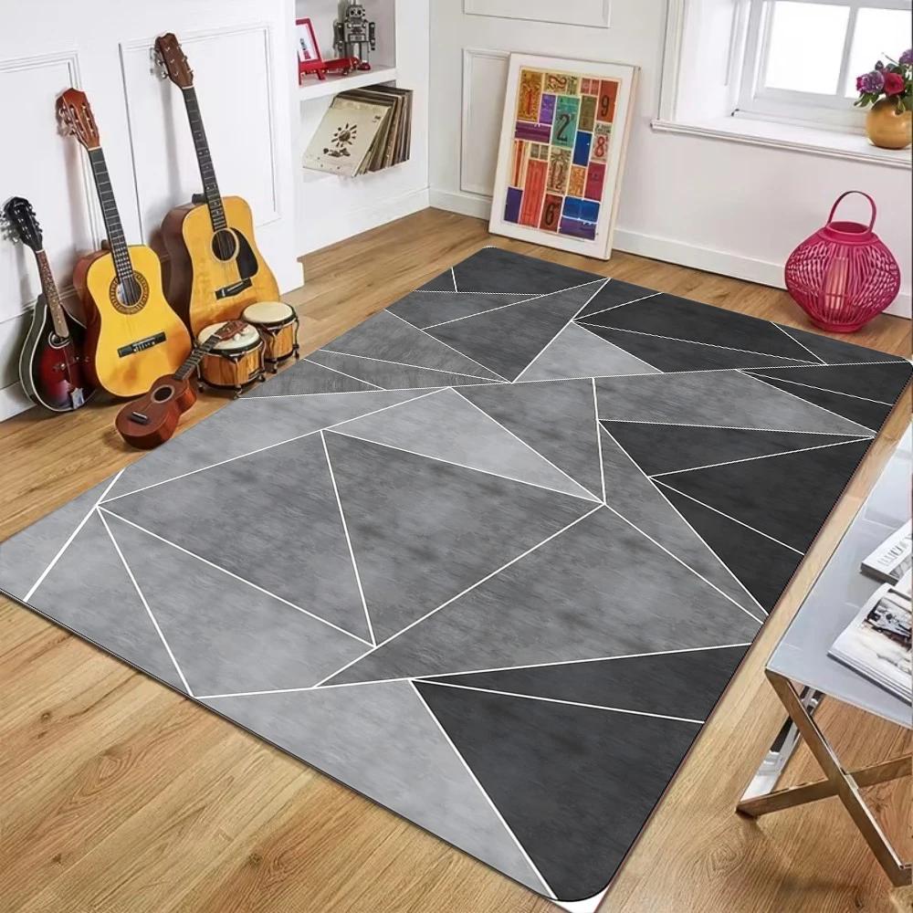 Nordic Geometric Triangle Area Rug Black Grey Abstract Print Non-Skid Stain Resistant Durable Washable Floor Mat