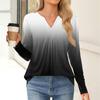 Women's Fashion Casual Long Sleeve Shirt Gradient Printed V Neck Up Tops