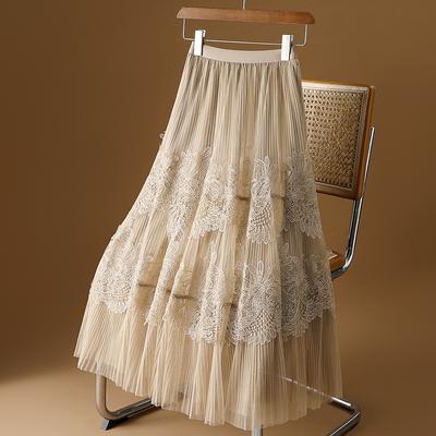 Корейский Сладкий Летний Однотонный Женский Наряд Эластичная Талия Газ Кружево Модный Универсальный С Завышенной Талией Средней Длины A-силуэта Юбки