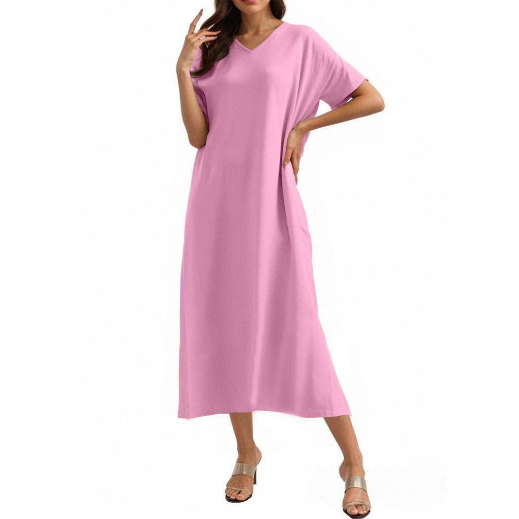 Модное женское однотонное платье с V-образным вырезом, длинное, свободное