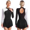 Womens Sparkly Rhinestone Figure Skating Dress Sheer Mesh Patchwork Long Sleeve Mock Neck Performance Gown