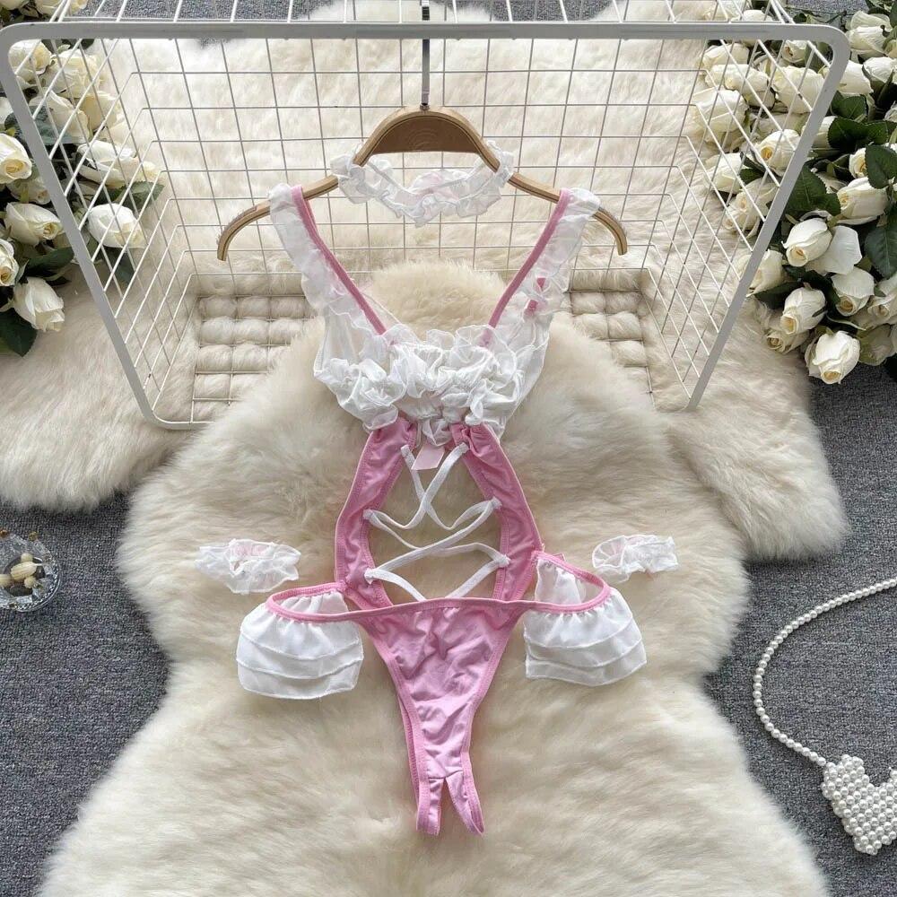 Женский косплей, чувственное нижнее белье, боди, женские каваи, короткие комбинезоны с открытой спиной, женский бант, эротическое белье, сексуальные комбинезоны 2024