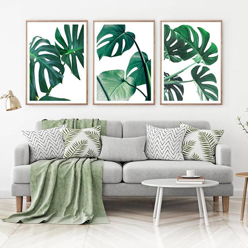Nordic Green Palm Leaf Wall Art Monstera Leaves Canvas Painting Minimalist Tropical Plant Wall Picture for Living Room Decor
