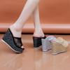 Fashion 2024 Bling Golden Women Slippers Summer Shoes Platform(4cm) Outside Fitting-room 11cm High Heels Wedges Solid Mesh Female Slides